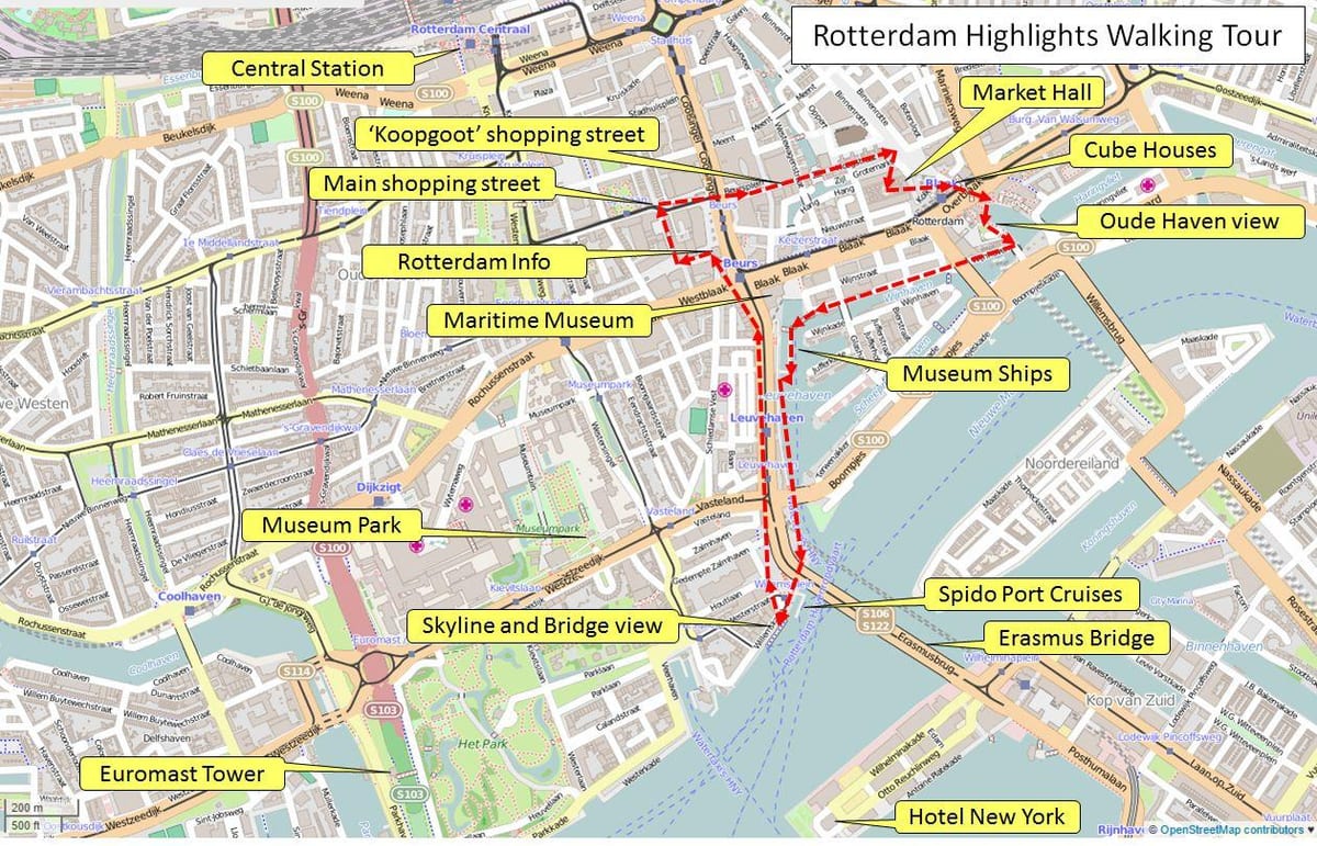 Mapa de Rotterdam recorrido a pie 